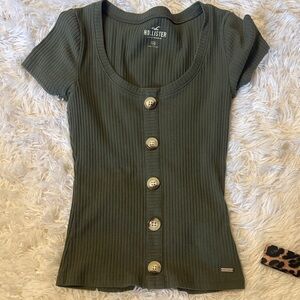 Hollister Women's Dark Green Ribbed Button-Down Shirt